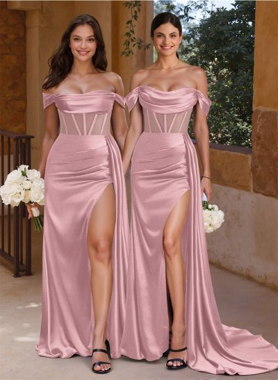 Flattering Illusion Corset Off-The-Shoulder Bridesmaid Dresses With Sweeping Side Drape