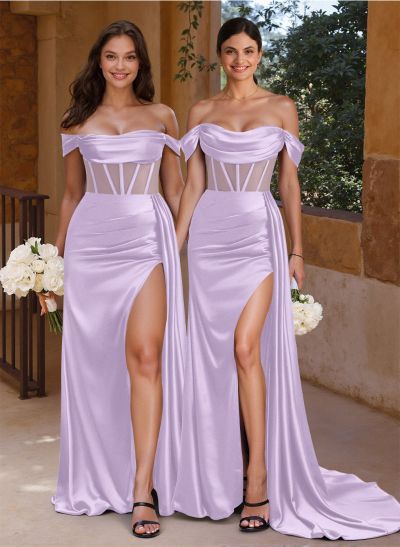 Flattering Illusion Corset Off-The-Shoulder Bridesmaid Dresses With Sweeping Side Drape