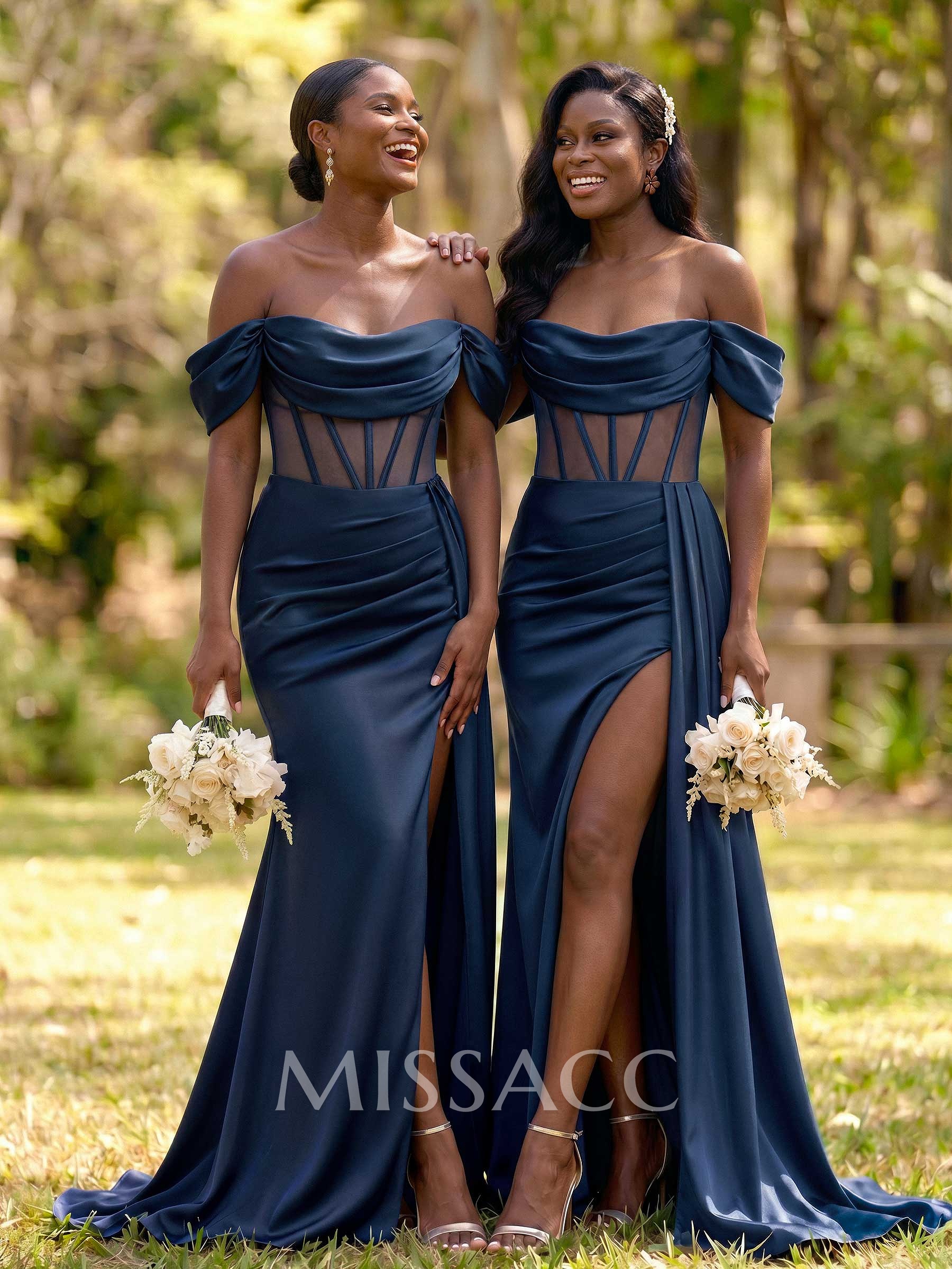 Flattering Illusion Corset Off-The-Shoulder Bridesmaid Dresses With Sweeping Side Drape Flattering Illusion Corset Off-The-Shoulder Bridesmaid Dresses With Sweeping Side Drape