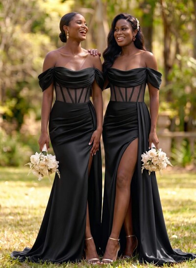 Flattering Illusion Corset Off-The-Shoulder Bridesmaid Dresses With Sweeping Side Drape