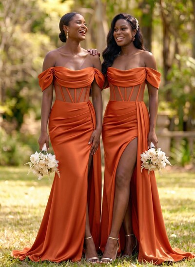 Flattering Illusion Corset Off-The-Shoulder Bridesmaid Dresses With Sweeping Side Drape