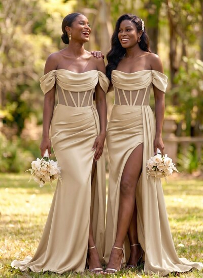 Flattering Illusion Corset Off-The-Shoulder Bridesmaid Dresses With Sweeping Side Drape