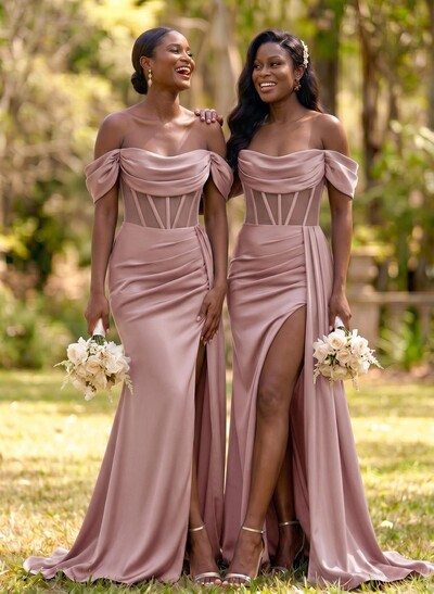 Flattering Illusion Corset Off-The-Shoulder Bridesmaid Dresses With Sweeping Side Drape
