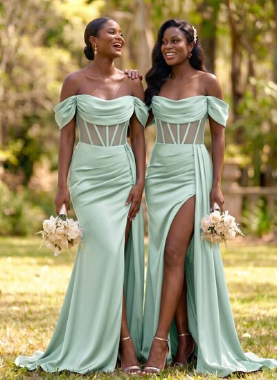 Flattering Illusion Corset Off-The-Shoulder Bridesmaid Dresses With Sweeping Side Drape
