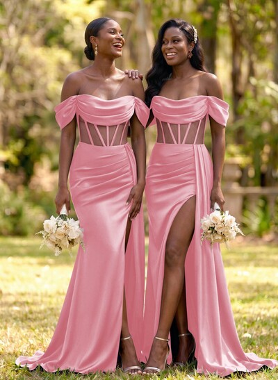 Flattering Illusion Corset Off-The-Shoulder Bridesmaid Dresses With Sweeping Side Drape