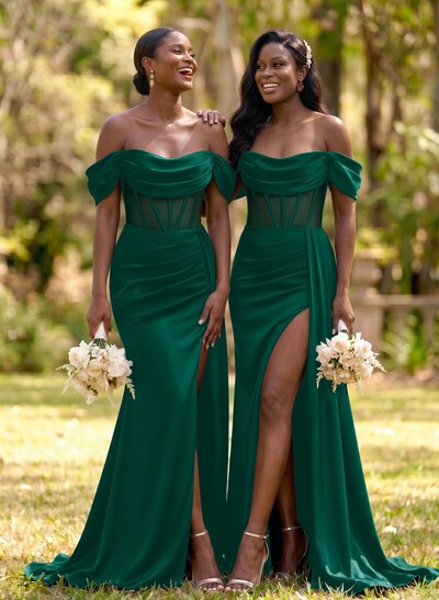 Flattering Illusion Corset Off-The-Shoulder Bridesmaid Dresses With Sweeping Side Drape