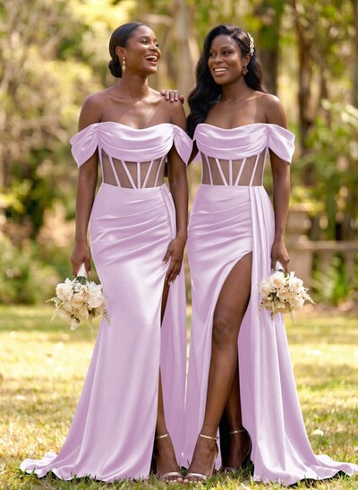 Flattering Illusion Corset Off-The-Shoulder Bridesmaid Dresses With Sweeping Side Drape