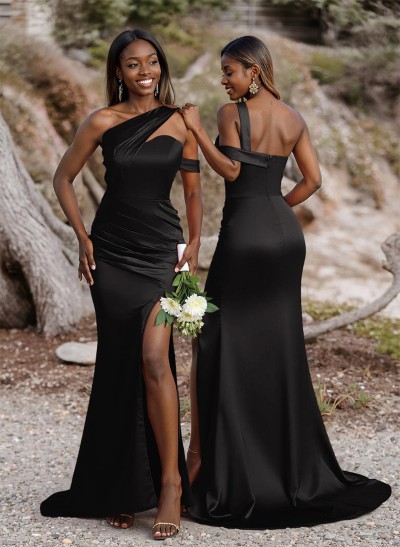 Unique Asymmetrical Neck Ruched Fit And Flare Bridesmaid Dresses With High Split