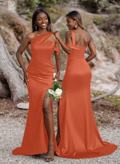 Unique Asymmetrical Neck Ruched Fit And Flare Bridesmaid Dresses With High Split