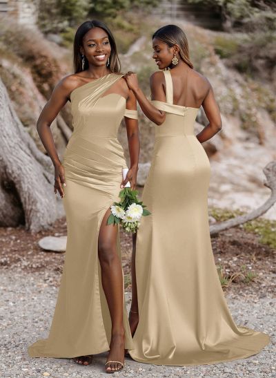 Unique Asymmetrical Neck Ruched Fit And Flare Bridesmaid Dresses With High Split