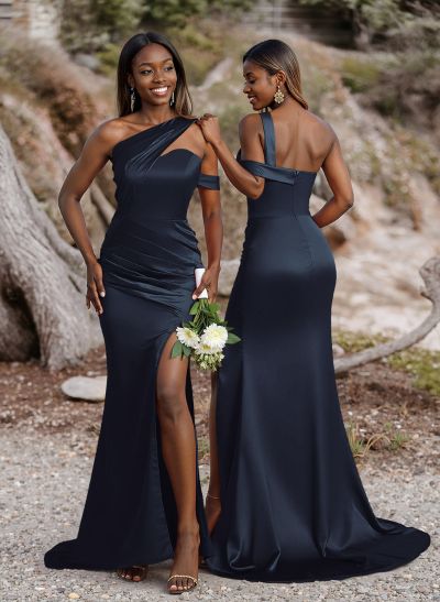 Unique Asymmetrical Neck Ruched Fit And Flare Bridesmaid Dresses With High Split