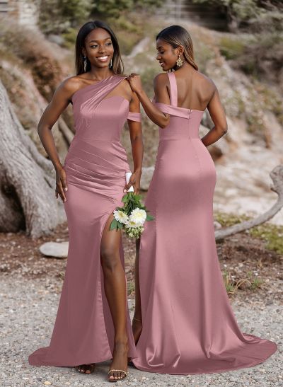 Unique Asymmetrical Neck Ruched Fit And Flare Bridesmaid Dresses With High Split