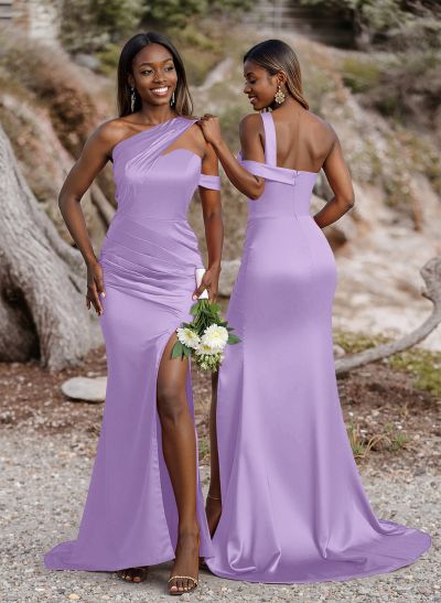 Unique Asymmetrical Neck Ruched Fit And Flare Bridesmaid Dresses With High Split