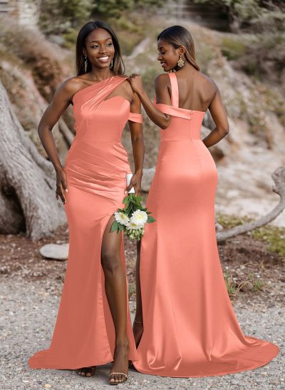 Unique Asymmetrical Neck Ruched Fit And Flare Bridesmaid Dresses With High Split