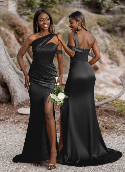 Unique Asymmetrical Neck Ruched Fit And Flare Bridesmaid Dresses With High Split