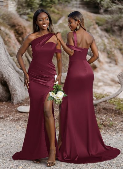 Unique Asymmetrical Neck Ruched Fit And Flare Bridesmaid Dresses With High Split