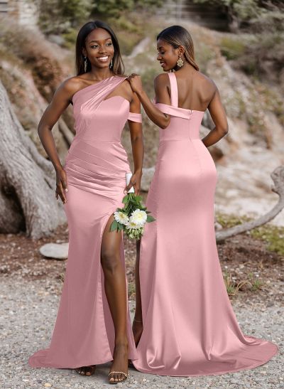 Unique Asymmetrical Neck Ruched Fit And Flare Bridesmaid Dresses With High Split