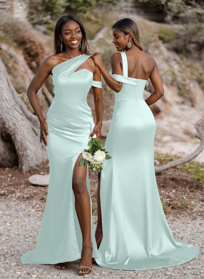 Unique Asymmetrical Neck Ruched Fit And Flare Bridesmaid Dresses With High Split