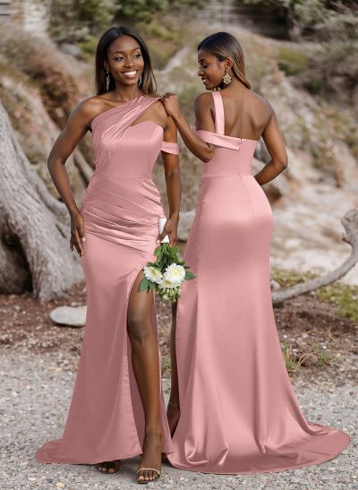 Unique Asymmetrical Neck Ruched Fit And Flare Bridesmaid Dresses With High Split