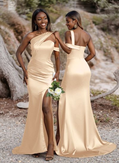 Unique Asymmetrical Neck Ruched Fit And Flare Bridesmaid Dresses With High Split