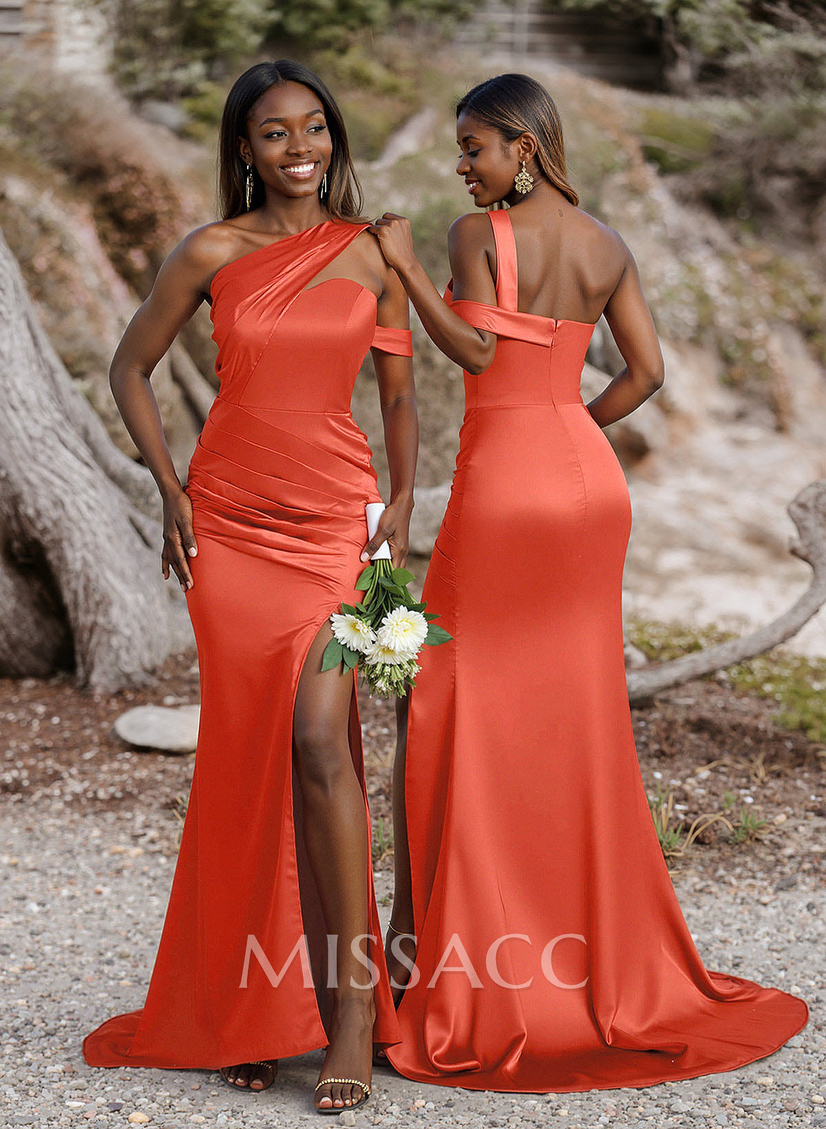 Unique Asymmetrical Neck Ruched Fit And Flare Bridesmaid Dresses With High Split