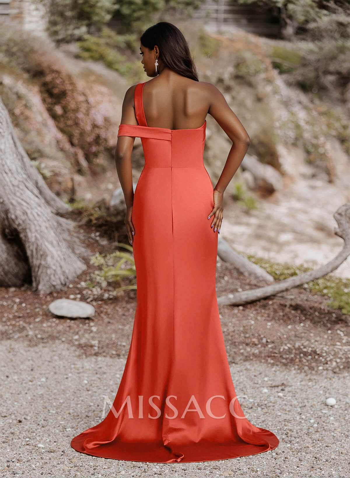 Unique Asymmetrical Neck Ruched Fit And Flare Bridesmaid Dresses With High Split