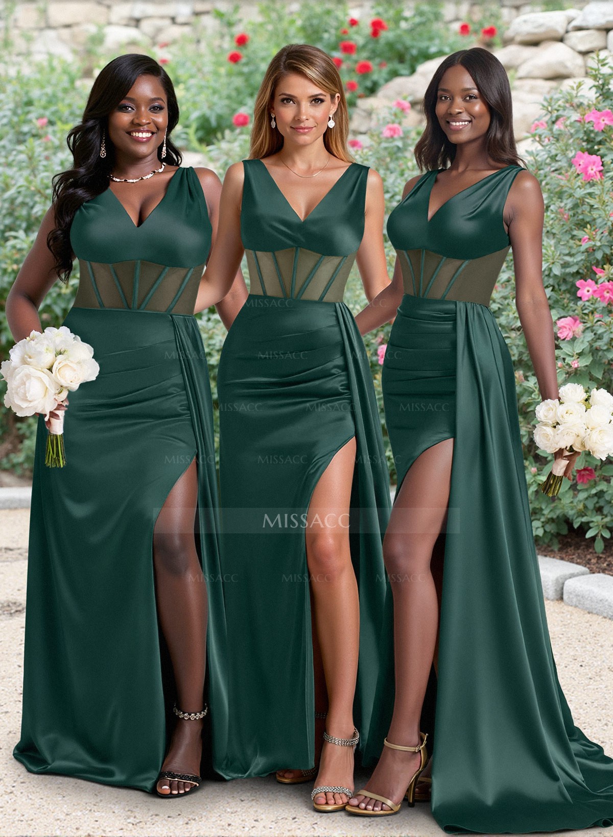 Simple V-Neck Illusion Corset Bridesmaid Dresses With Sweeping Side Drape