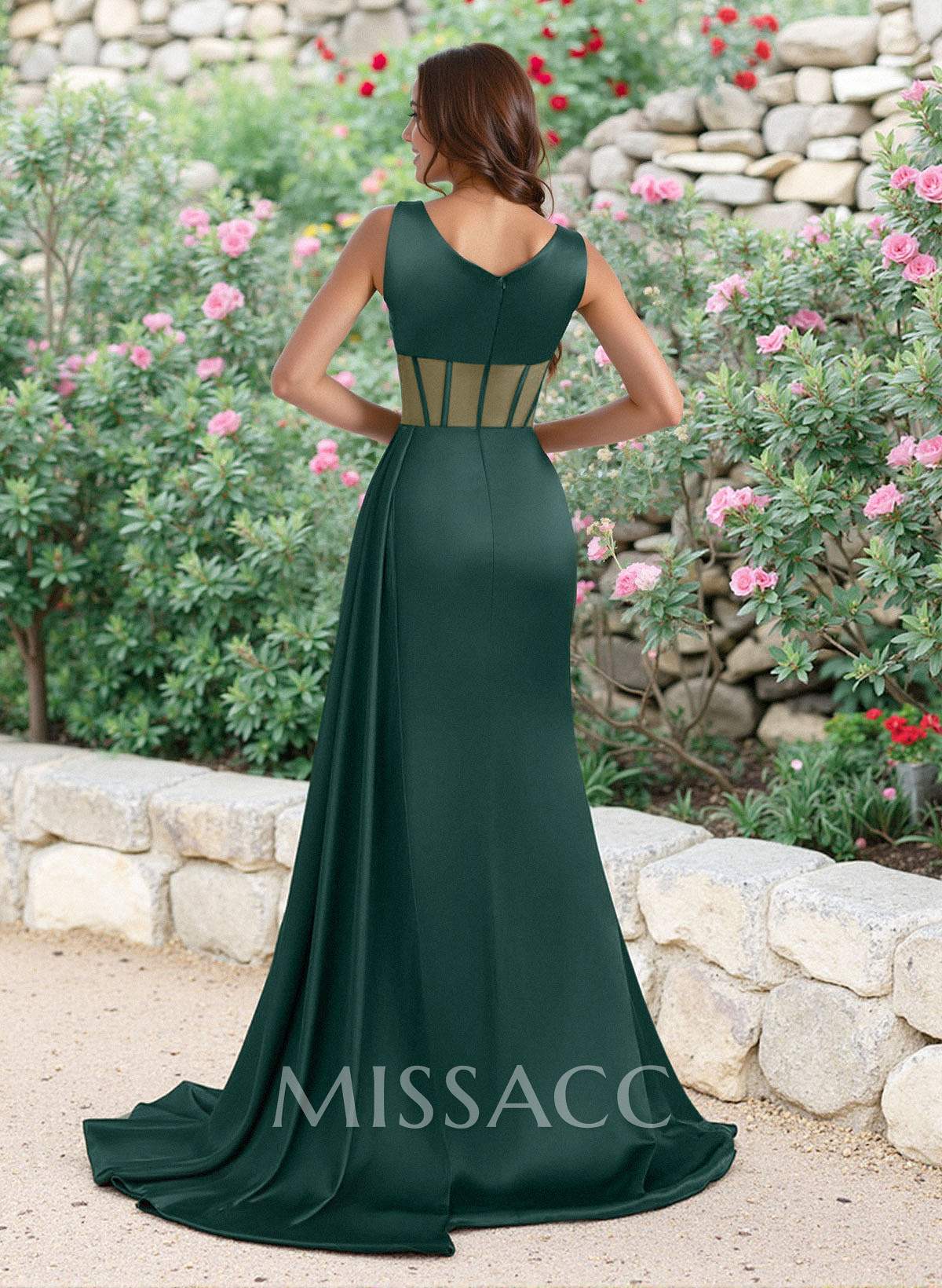 Simple V-Neck Illusion Corset Bridesmaid Dresses With Sweeping Side Drape Simple V-Neck Illusion Corset Bridesmaid Dresses With Sweeping Side Drape