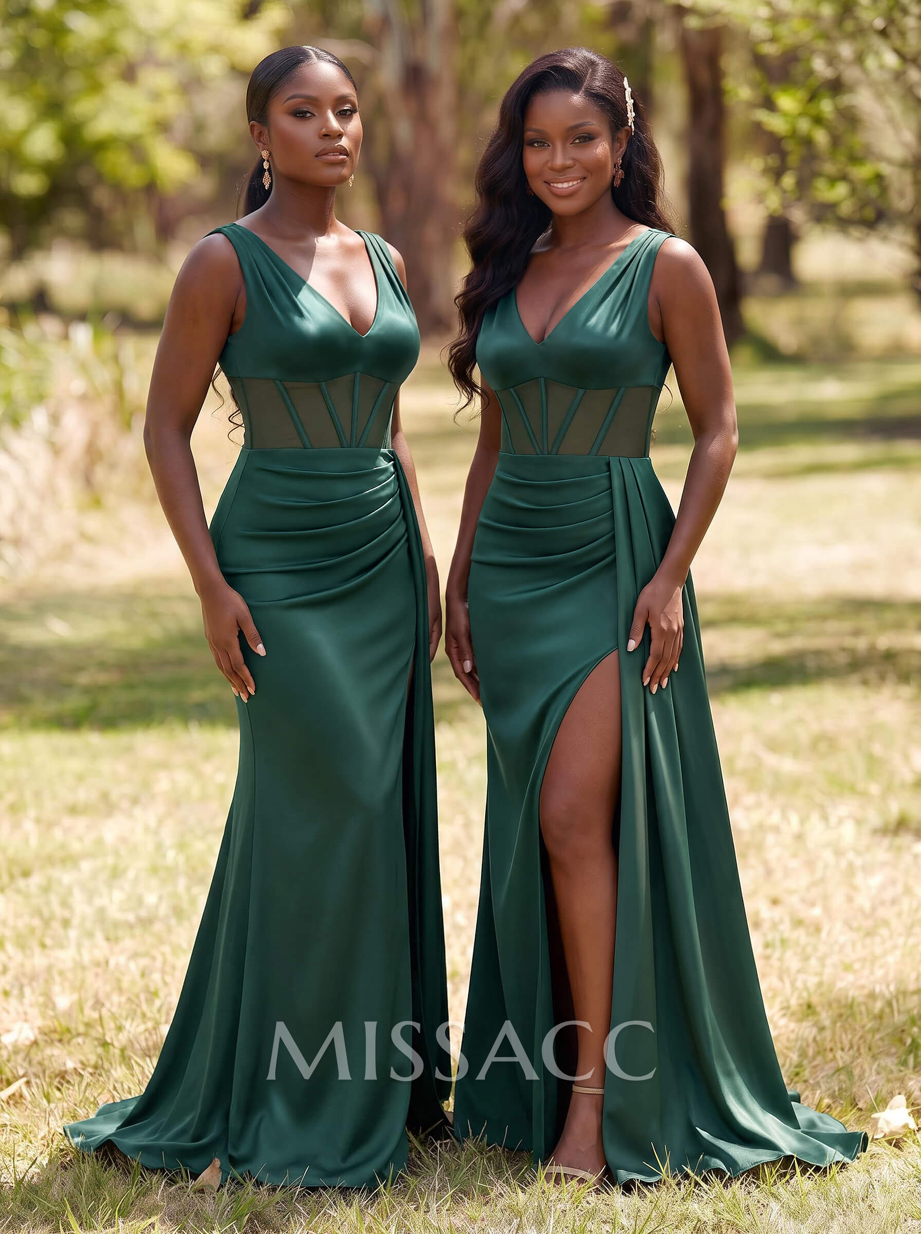 Simple V-Neck Illusion Corset Bridesmaid Dresses With Sweeping Side Drape