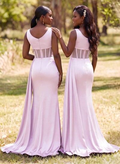 Simple V-Neck Illusion Corset Bridesmaid Dresses With Sweeping Side Drape