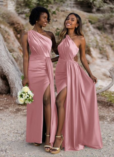 Ruched Sheath/Column One-Shoulder Satin Bridesmaid Dresses With High Split