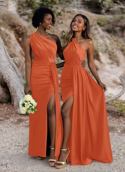 Ruched Sheath/Column One-Shoulder Satin Bridesmaid Dresses With High Split