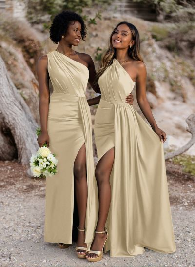 Ruched Sheath/Column One-Shoulder Satin Bridesmaid Dresses With High Split