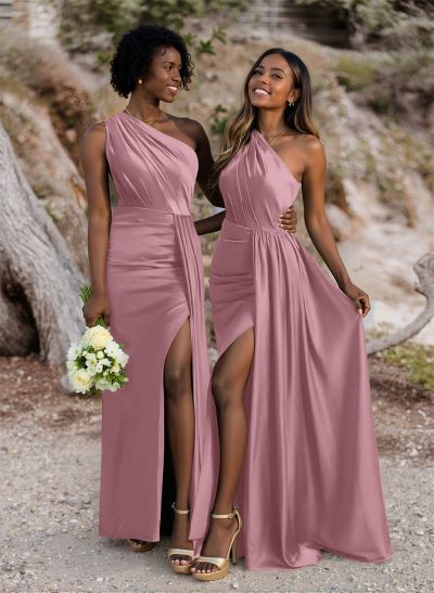 Ruched Sheath/Column One-Shoulder Satin Bridesmaid Dresses With High Split