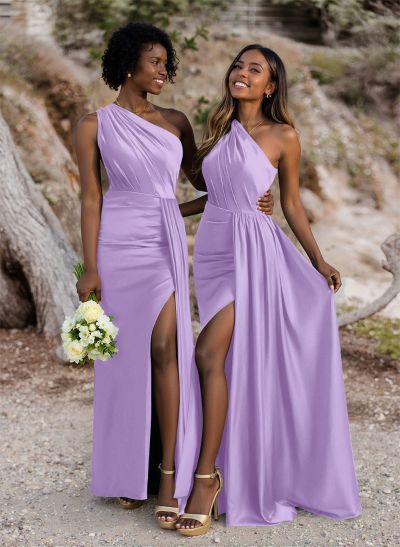 Ruched Sheath/Column One-Shoulder Satin Bridesmaid Dresses With High Split