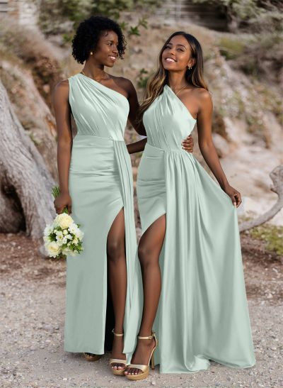 Ruched Sheath/Column One-Shoulder Silk Like Satin Bridesmaid Dresses With High Split