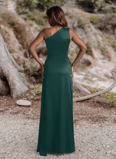 Ruched Sheath/Column One-Shoulder Silk Like Satin Bridesmaid Dresses With High Split
