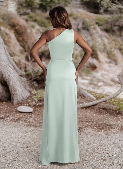 Ruched Sheath/Column One-Shoulder Silk Like Satin Bridesmaid Dresses With High Split