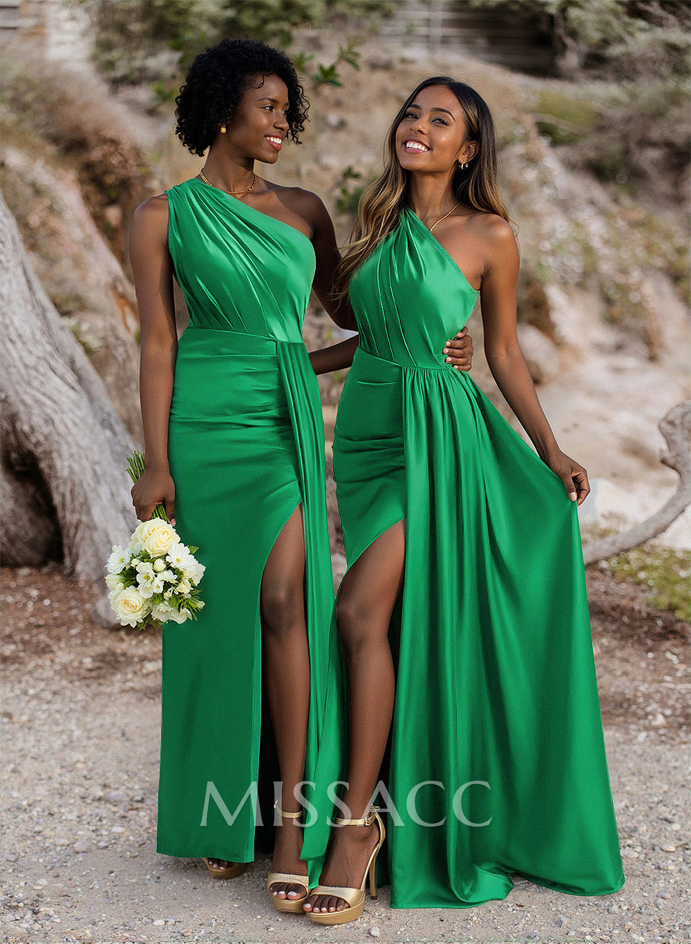 Ruched Sheath/Column One-Shoulder Silk Like Satin Bridesmaid Dresses With High Split Ruched Sheath/Column One-Shoulder Silk Like Satin Bridesmaid Dresses With High Split