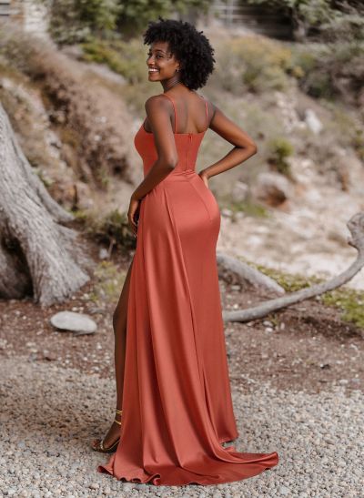 Unique Cowl Neck Spaghetti Straps Corset Bridesmaid Dresses With Sweeping Side Drape