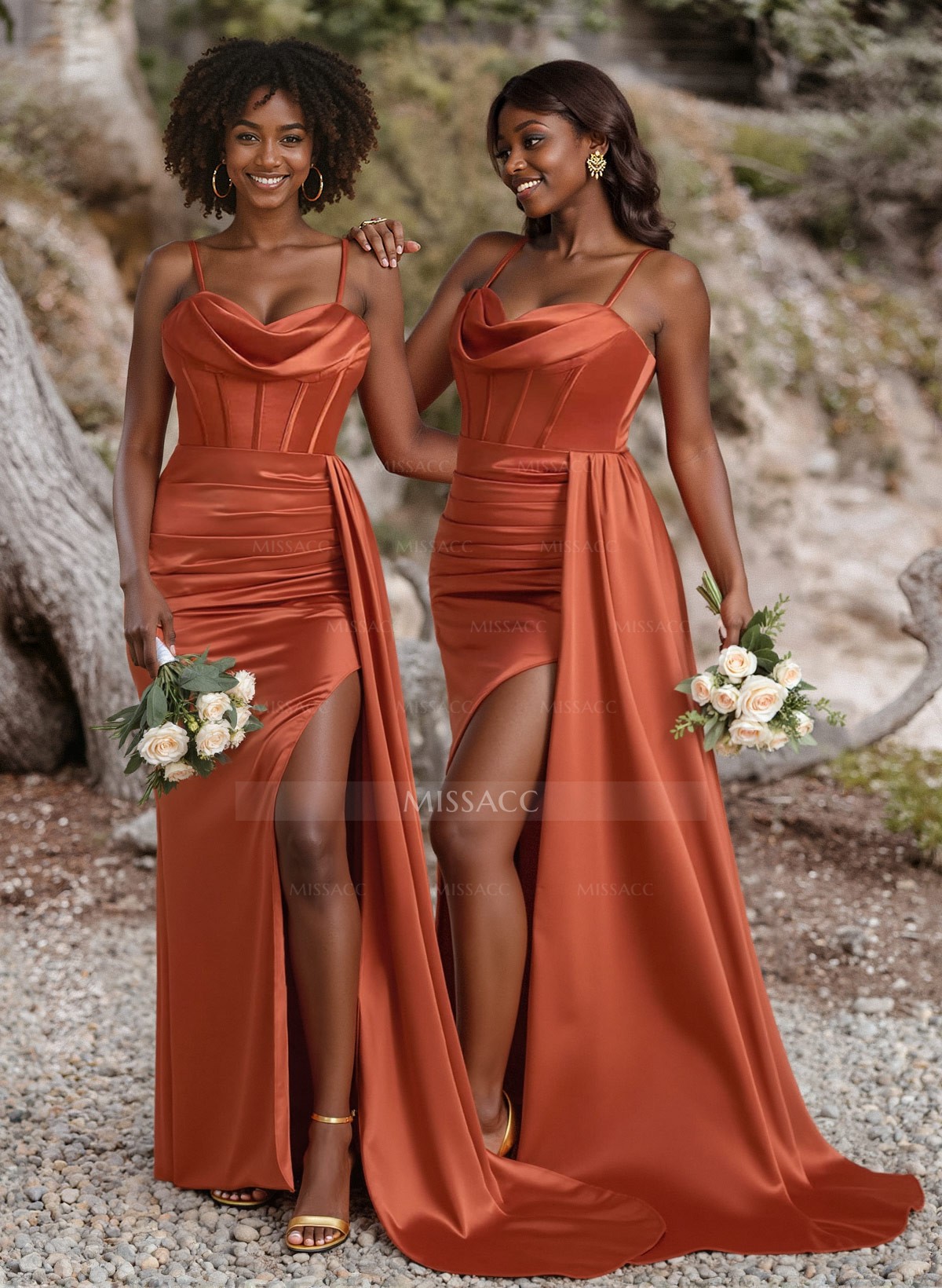 Unique Cowl Neck Spaghetti Straps Corset Bridesmaid Dresses With Sweeping Side Drape