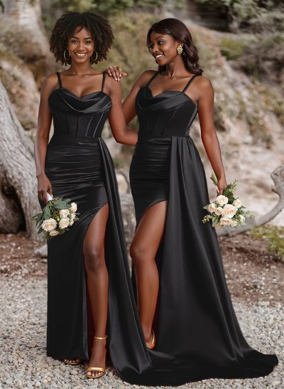 Unique Cowl Neck Spaghetti Straps Corset Bridesmaid Dresses With Sweeping Side Drape