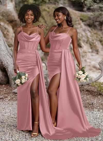 Unique Cowl Neck Spaghetti Straps Corset Bridesmaid Dresses With Sweeping Side Drape