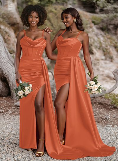 Unique Cowl Neck Spaghetti Straps Corset Bridesmaid Dresses With Sweeping Side Drape