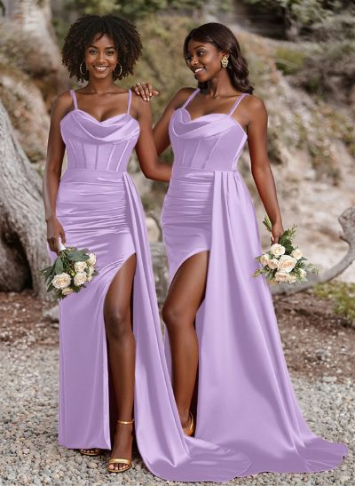 Unique Cowl Neck Spaghetti Straps Corset Bridesmaid Dresses With Sweeping Side Drape