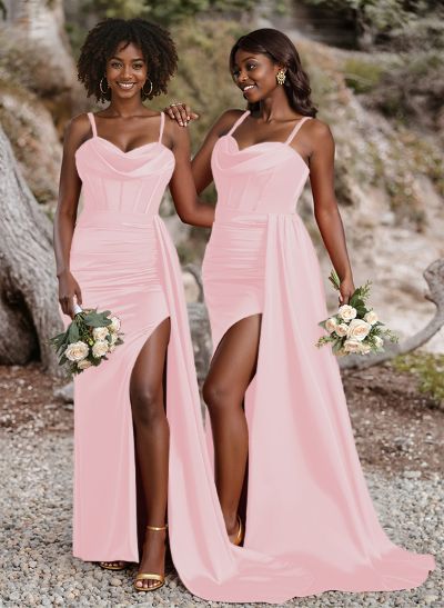 Unique Cowl Neck Spaghetti Straps Corset Bridesmaid Dresses With Sweeping Side Drape