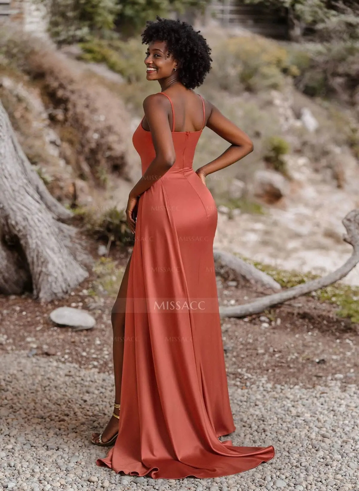 Missacc Ivory Bridesmaid Unique Cowl Neck Spaghetti Straps Corset Bridesmaid Dresses with Sweeping Side Drape
