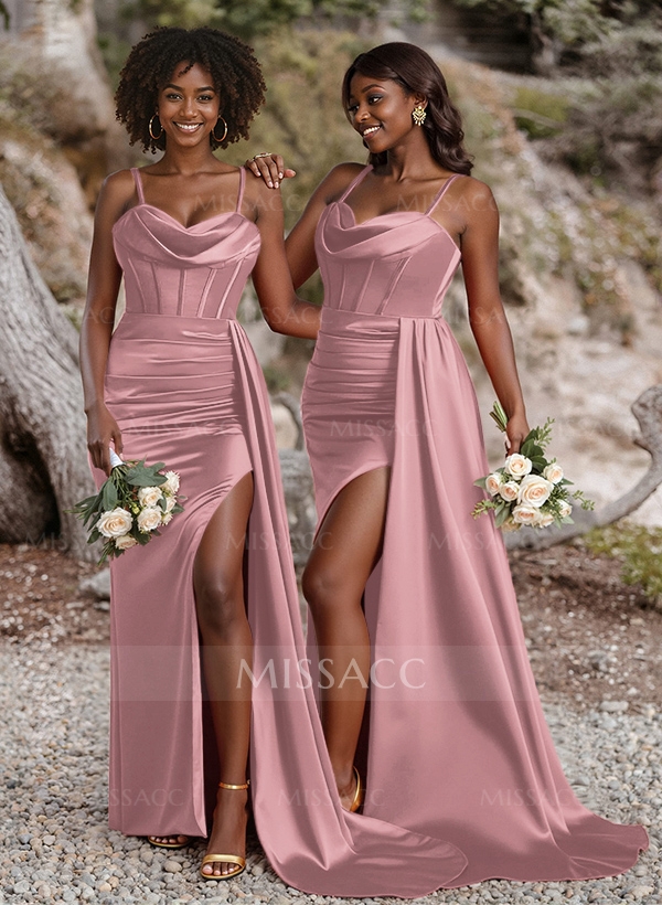 Unique Cowl Neck Spaghetti Straps Corset Bridesmaid Dresses With Sweeping  Side Drape