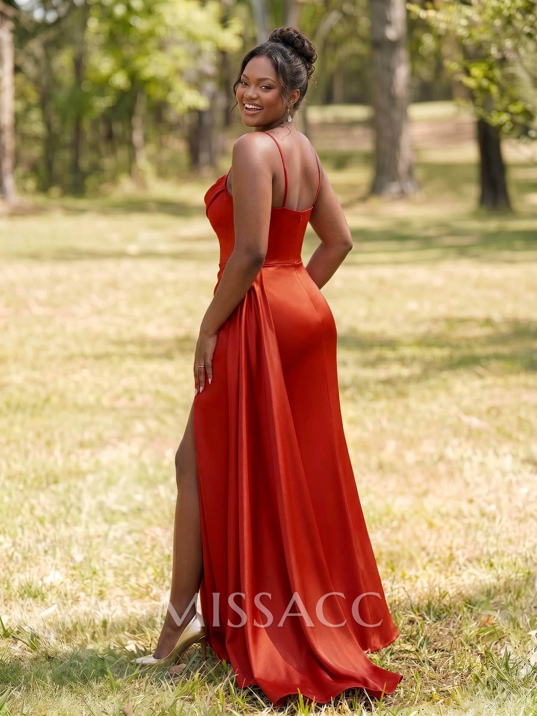 Unique Cowl Neck Spaghetti Straps Corset Bridesmaid Dresses With Sweeping Side Drape Unique Cowl Neck Spaghetti Straps Corset Bridesmaid Dresses With Sweeping Side Drape