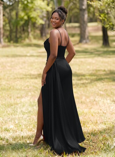Unique Cowl Neck Spaghetti Straps Corset Bridesmaid Dresses With Sweeping Side Drape